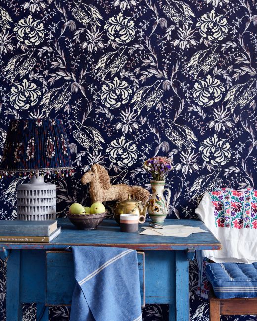 FOLK EMBROIDERY Indigo Wallpaper