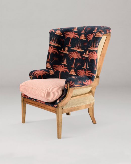 WILLIAM DECONSTRUCTED WING CHAIR - AEGEAN Indigo Fabric and RHUBARB STRIPE Linen