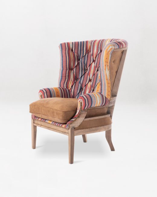 WILLIAM DECONSTRUCTED WING CHAIR (Leather seat cushion) - NEYSHABOUR Woven Fabric
