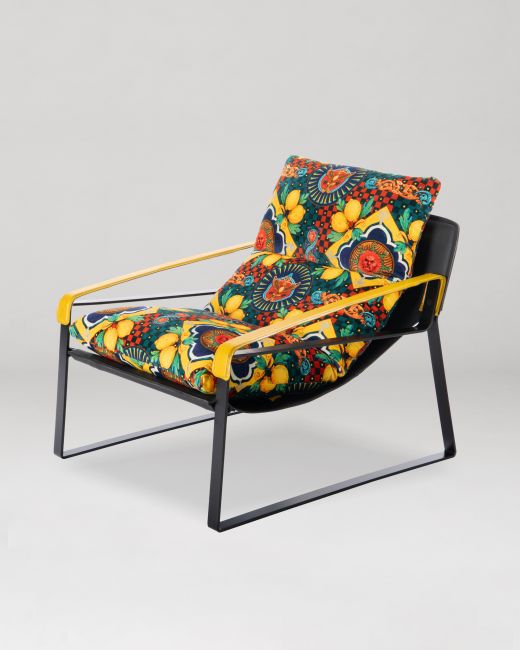 DUNHILL CHAIR - AMALFI Blue velvet and YUZU YELLOW matte leather