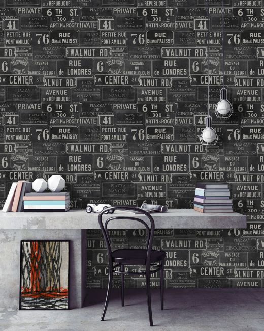 VINTAGE SIGNS Anthracite Wallpaper